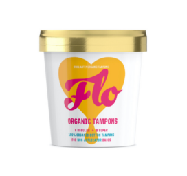 Тампоны из органического хлопка FLO, упаковка содержит 8 тампонов нормальной и 8 тампонов увеличенной впитываемости.