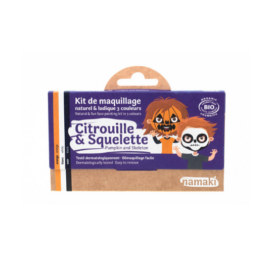 Набор для разрисовки лица NAMAKI из натуральных ингредиентов, гипоаллергенный, с красками черного, оранжевого и белого цвета: тыква и скелет.