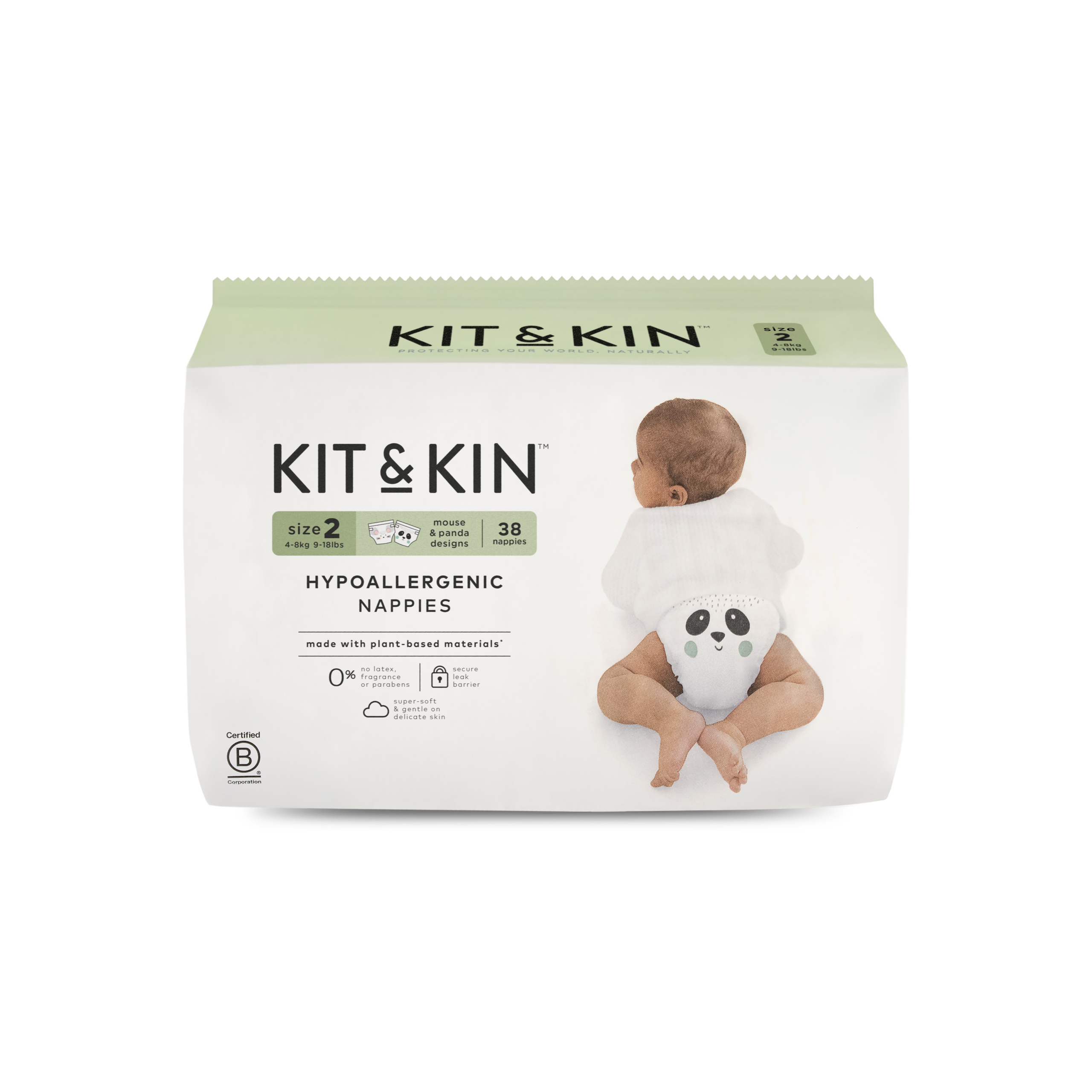 Гипоаллергенные подгузники KIT and KIN без латекса и хлора с застёжками и дизайном с пандой и мышкой, размер 2 (4-8 кг), 38 шт.