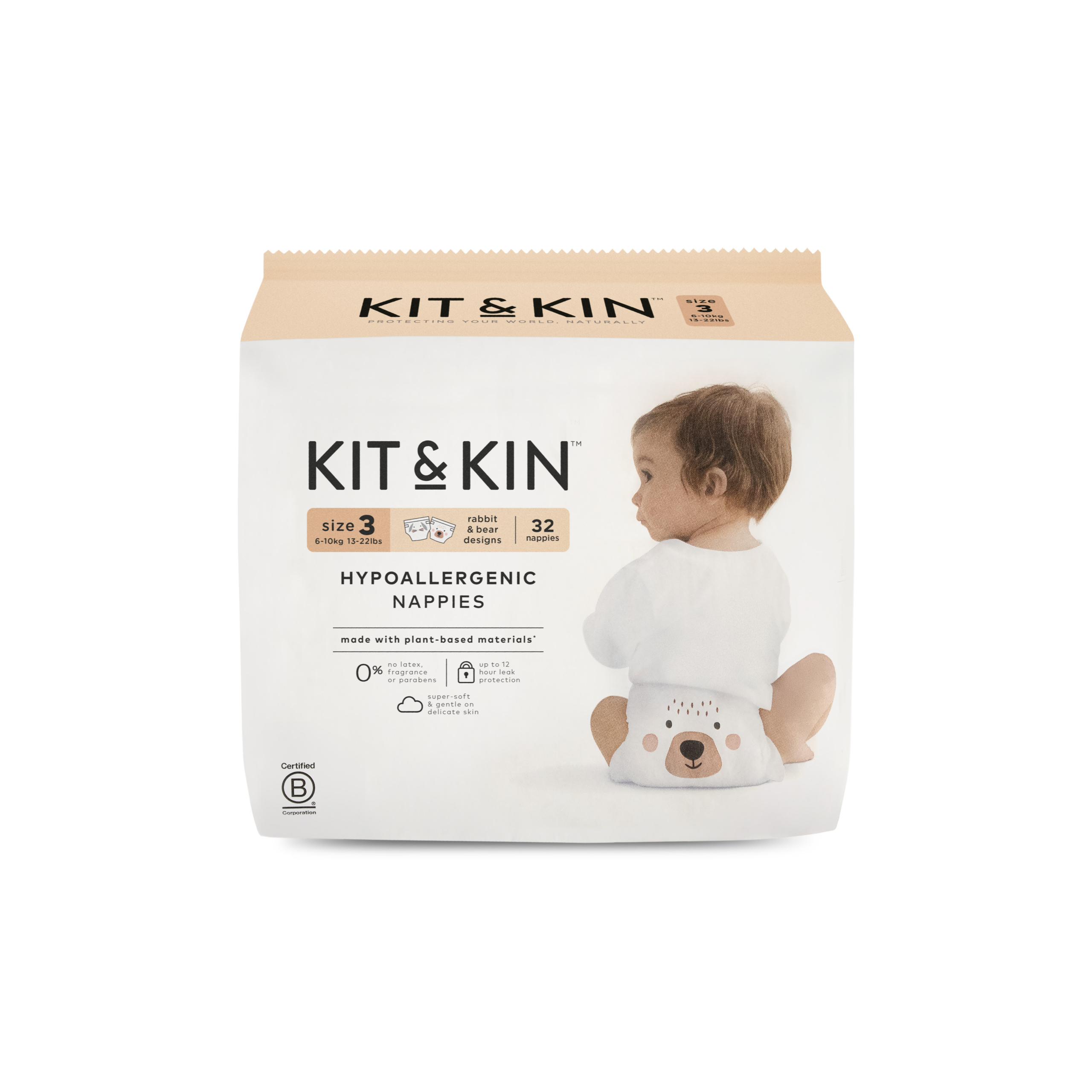 Гипоаллергенные подгузники KIT и KIN без латекса и хлора с липучками, с рисунком медведя и кролика, размер 3 или 6-10 кг, 32 шт.