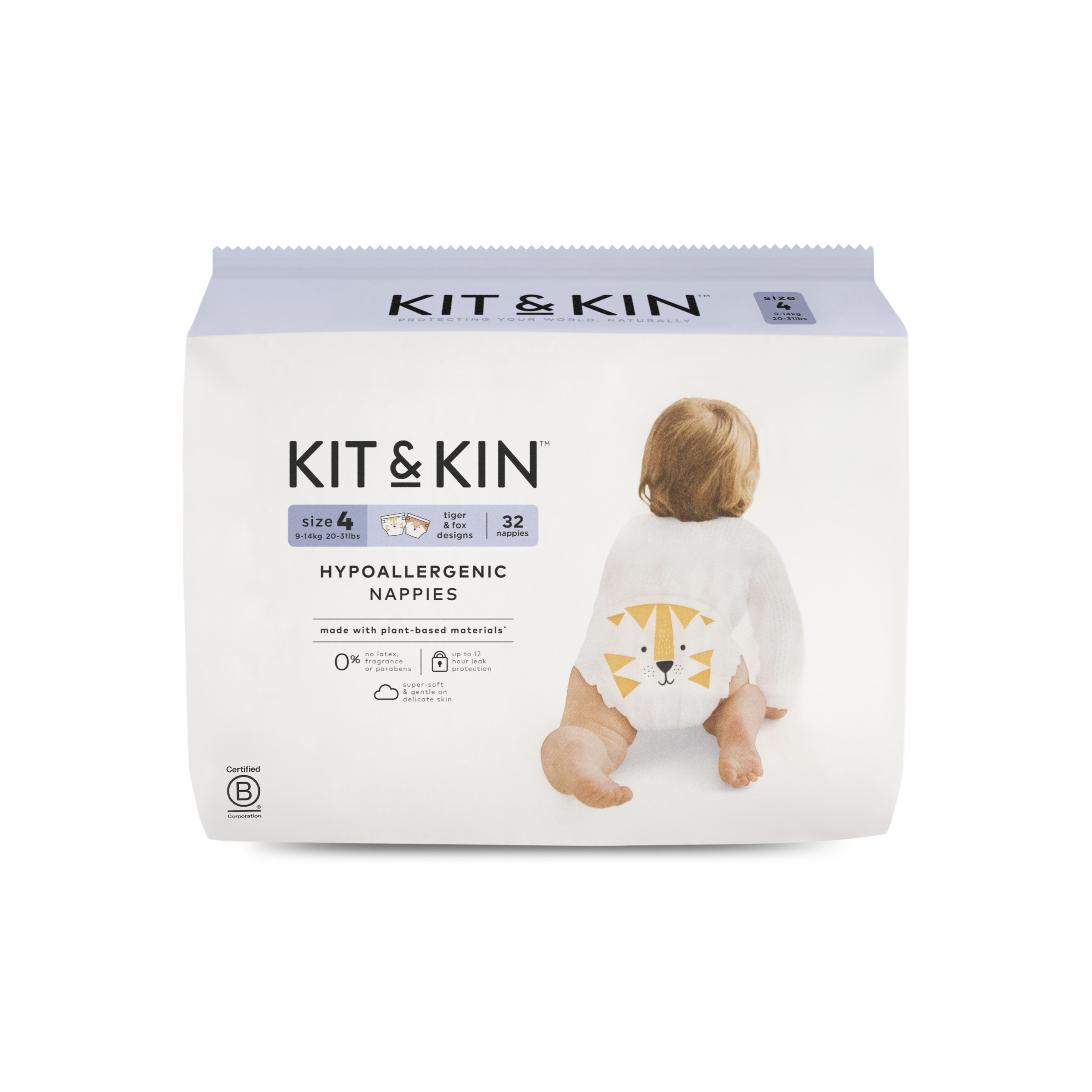 Гипоаллергенные подгузники KIT and KIN без латекса и хлора с дизайном тигра и лисы, размер 4 (9-14 кг), 32 шт.