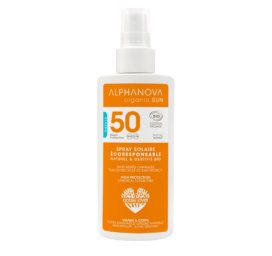 Водоотталкивающий солнцезащитный спрей ALPHANOVA SUN SPF50 с ароматом органического моной и минералными фильтрами, 125 мл.