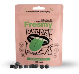 Таблетки зубной пасты FRESMY сибирская пихта и активированный уголь в бумажной упаковке, 124 шт.