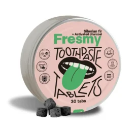 Таблетки зубной пасты FRESMY сибирская ель и активированный уголь в алюминиевой банке, 30 шт.