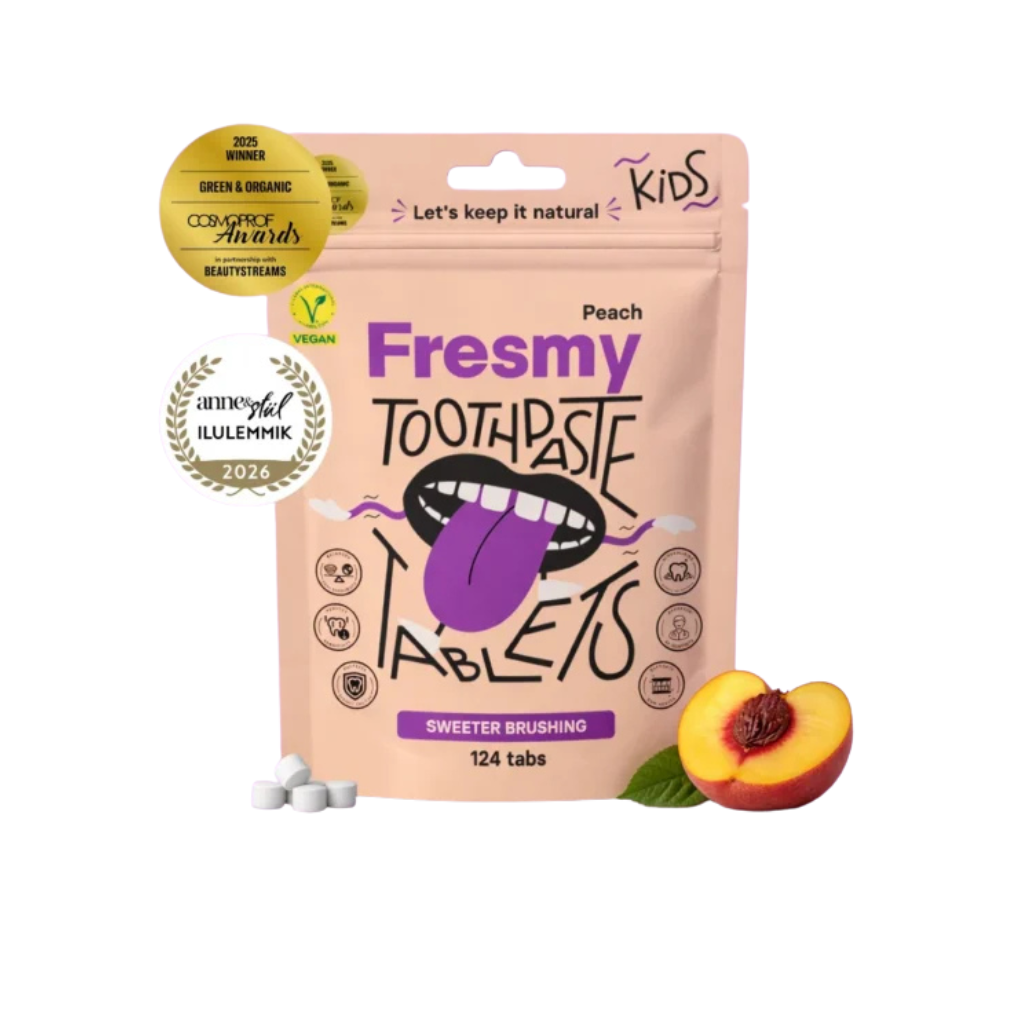 Зубные таблетки FRESMY со вкусом персика для детей в бумажной упаковке, 124 шт.
