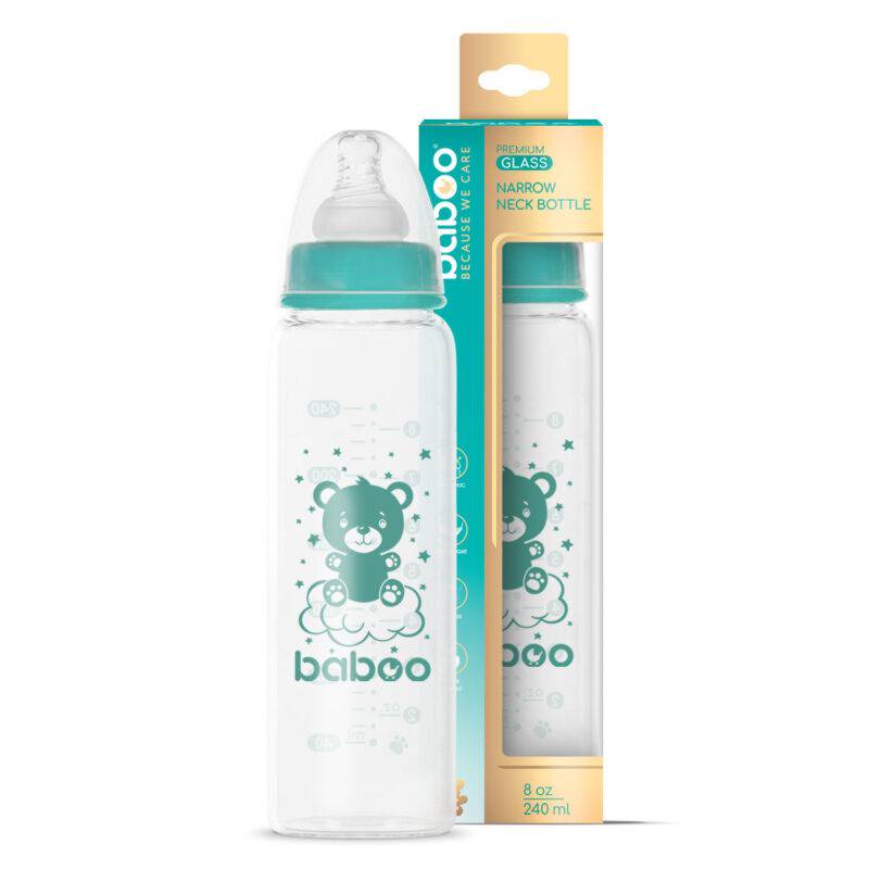 BABOO® Антиколиковая бутылочка для кормления из боросиликатного стекла с узким горлышком и соской из медицинского силикона, 3+ месяцев, 240 мл