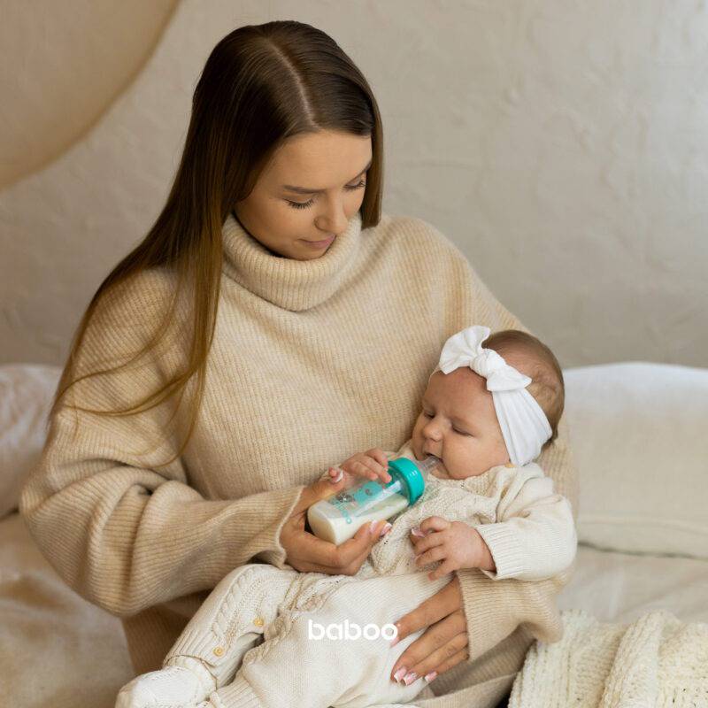 BABOO® Антиколиковая бутылочка для кормления из боросиликатного стекла с узким горлышком и соской из медицинского силикона, 3+ месяцев, 240 мл — изображение 2