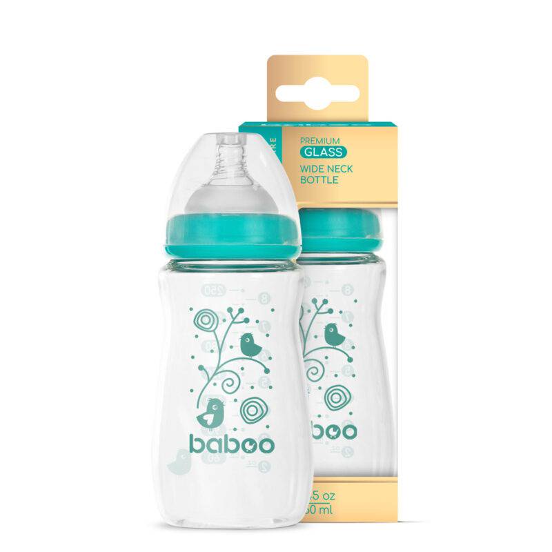 BABOO® Антиколиковая бутылочка для кормления из боросиликатного стекла с широким горлышком и соской из медицинского силикона, 3+ месяцев, 250 мл