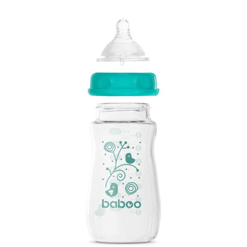 BABOO® Антиколиковая бутылочка для кормления из боросиликатного стекла с широким горлышком и соской из медицинского силикона, 3+ месяцев, 250 мл — изображение 3