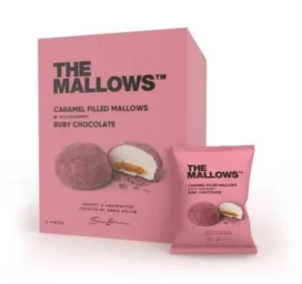 Зефирки THE MALLOWS с карамельной начинкой, покрытые фруктовым рубиновым шоколадом, 5 штук