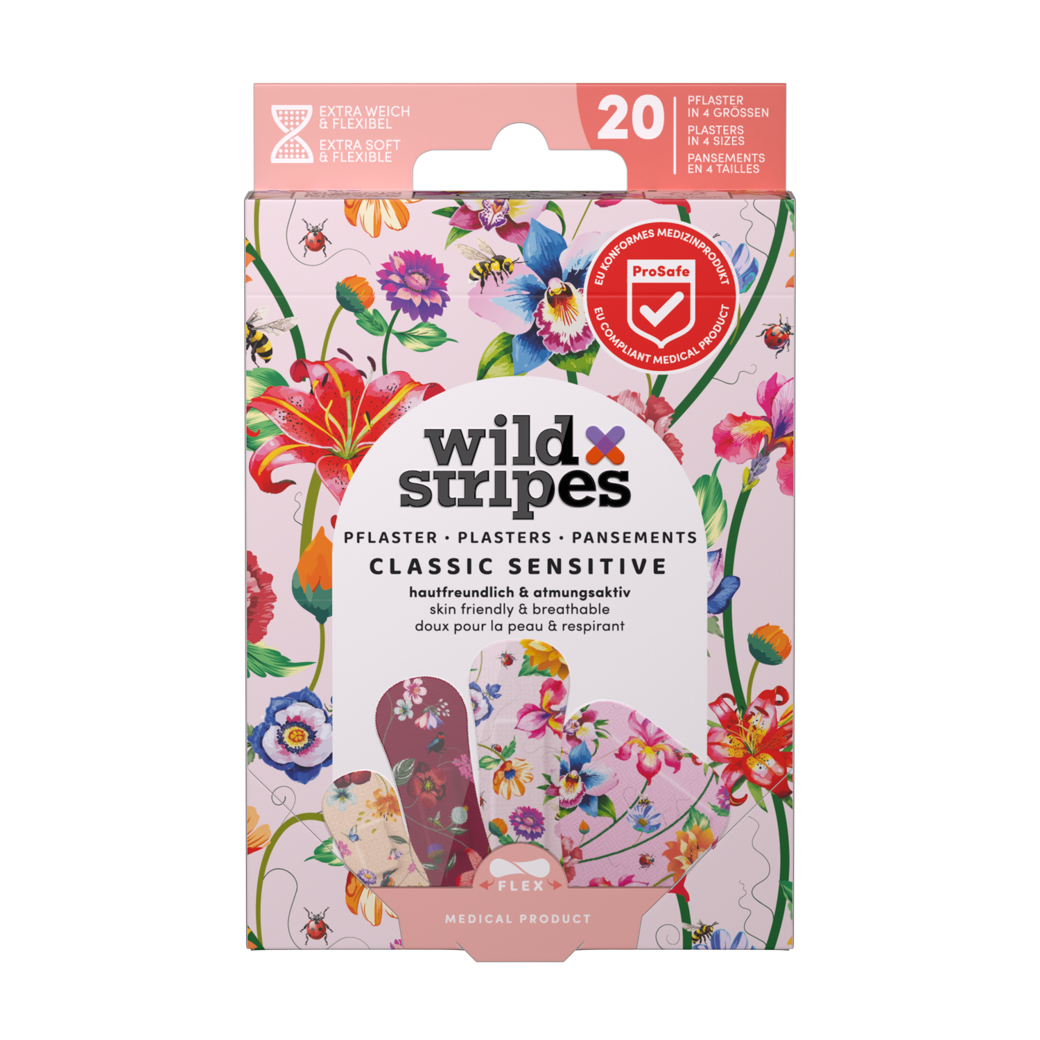 WILD STRIPES Classic Sensitive Vintage Flowers — весёлые и безопасные для кожи пластыри для чувствительной кожи, 20 шт.