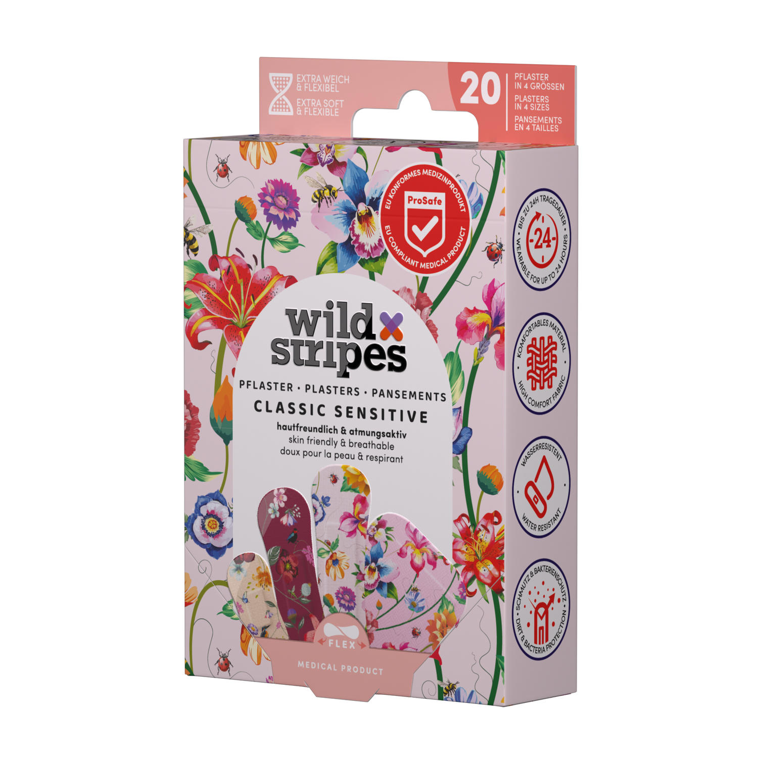 WILD STRIPES Classic Sensitive Vintage Flowers — весёлые и безопасные для кожи пластыри для чувствительной кожи, 20 шт. — изображение 8