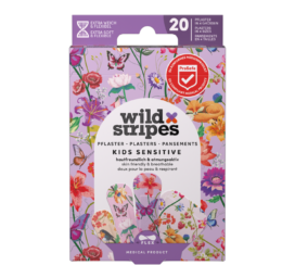 WILD STRIPES Kids Sensitive — веселые и безопасные для кожи пластыри для чувствительной кожи с мотивом садовых приключений, 20 шт.