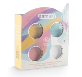 Набор био-красок для лица NAMAKI: розовый, светло-голубой, золотисто-жёлтый, белый и временные татуировки, Единорог