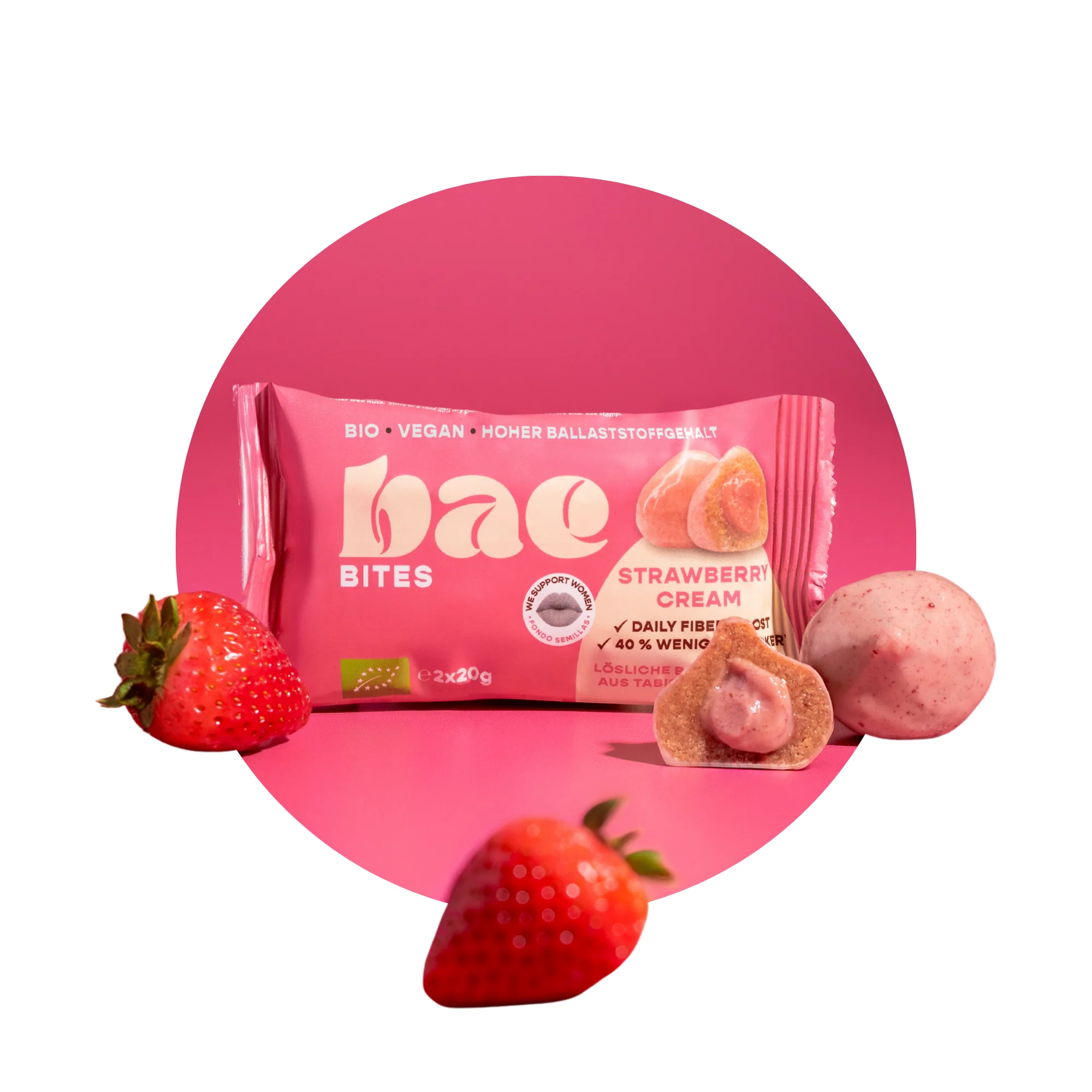 BAE Organic финиковые батончики с клубничным кремом в швейцарском шоколаде, клубничный крем, 2x20 г